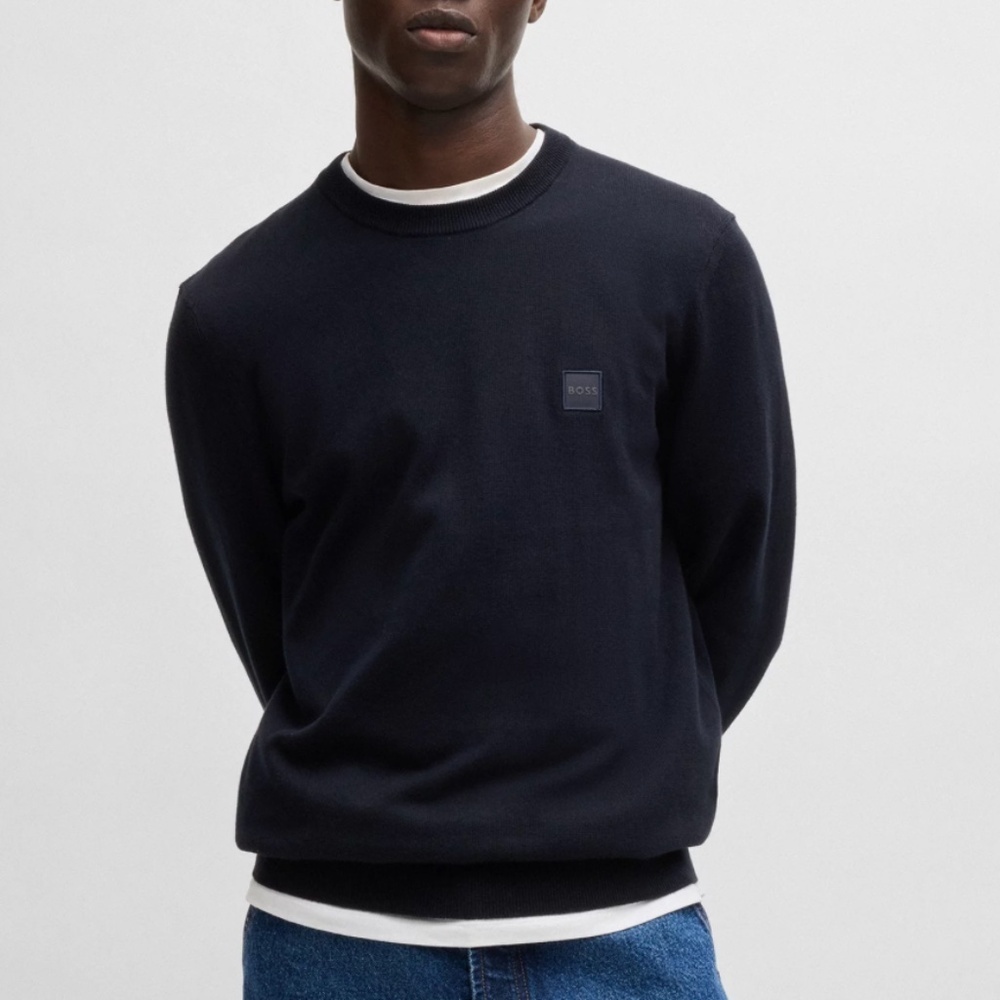 BOSS Logo-Label Sweater Cotton and Cashmere Dark Blue Size Large